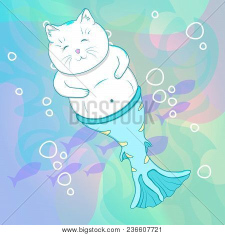 Pretty Cat Mermaid Underwater. Fishes On Background. Cartoon Vector Character.
