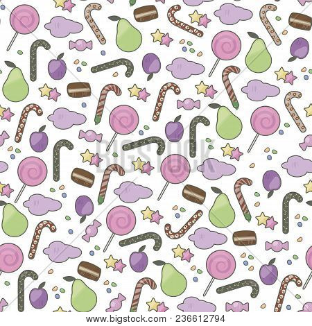 Fruits Pears Sugar Candies Confectionery Colorful Sweet Delicious Red Strips Canes And Shapes On Whi