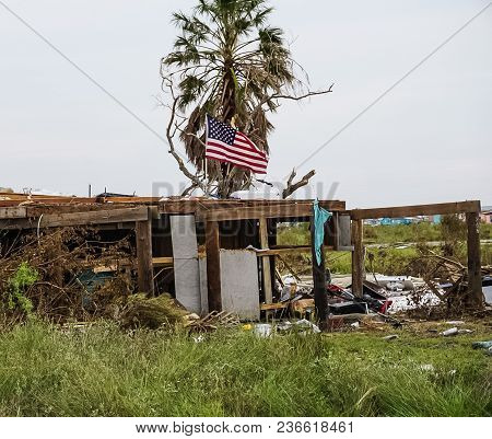A Home Destroyed And American Still Flying After Powerful Hurricane Harvey On The Texas Coast