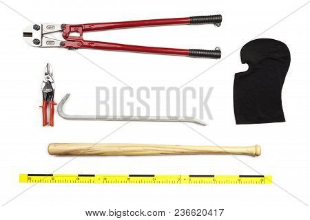 Bolt Cutters, Baseball Bat, Balaclava, Pliers And Other Props Of Burglary Documented On White Backgr