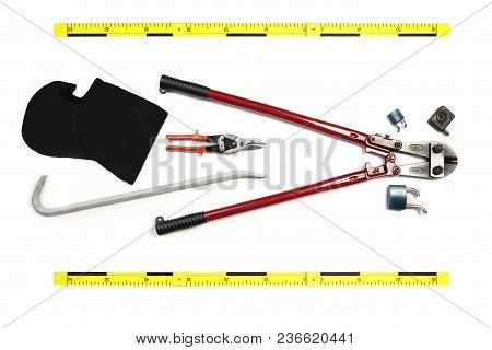 Bolt Cutters, Balaclava, Pliers And Other Props Of Burglary Documented As Evidence Of Crime