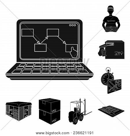 Logistics And Delivery Black Icons In Set Collection For Design. Transport And Equipment Isometric V