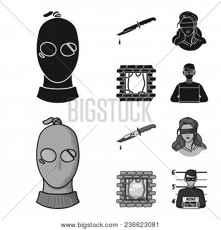 A Thief In A Mask, A Bloody Knife, A Hostage, An Escape From Prison.crime Set Collection Icons In Bl