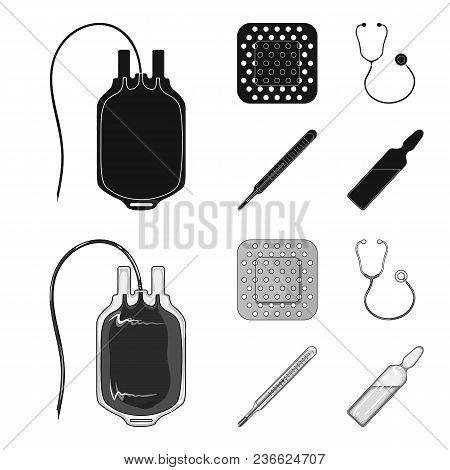 Package With Donor Blood And Other Equipment.medicine Set Collection Icons In Black, Monochrom Style