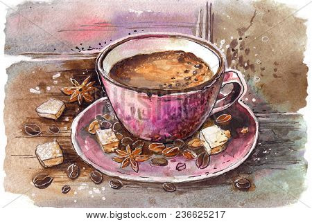 The Cup Of Coffee Costs On A Table. Around Sugar And Coffee Beans