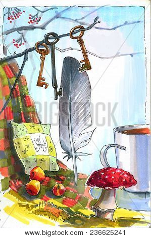 Near A Tree The Plaid With A Pillow Lies, Keys Hang On Branches, A Beautiful Feather In The Center