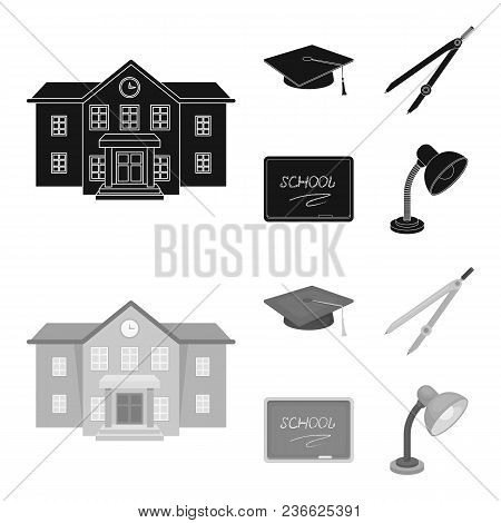 School Building, College With Windows, A Master Or Applicant Hat, Compasses For A Circle, A Board Wi