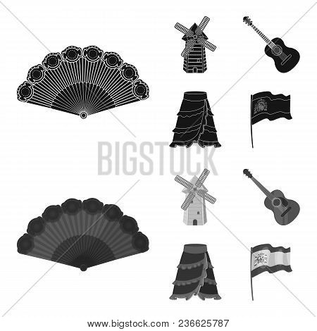 Fan Spanish, Mill, Guitar, Skirt For National Spanish Dances. Spain Country Set Collection Icons In 