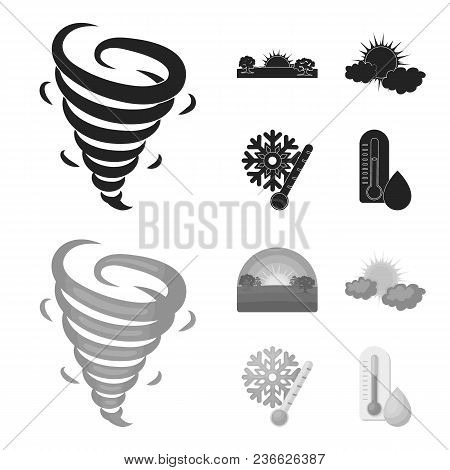 Tornado, Sunrise, Cloudiness, Snow And Frost. The Weather Set Collection Icons In Black, Monochrom S