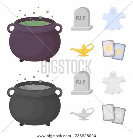 A Witch Cauldron, A Tombstone, A Ghost, A Gin Lamp.black And White Magic Set Collection Icons In Car