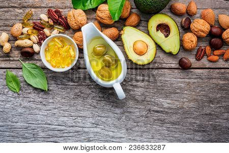 Selection Food Sources Of Omega 3 And Unsaturated Fats. Superfood High Vitamin E And Dietary Fiber F
