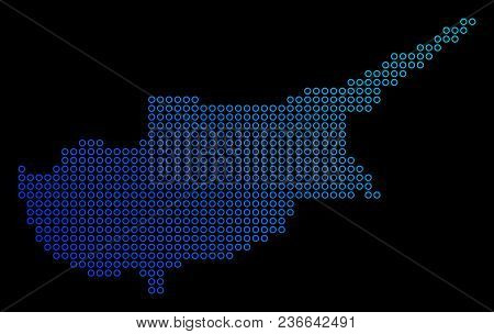 Round Dot Cyprus Island Map. Vector Geographic Map In Blue Gradient Colors On A Black Background. Ve