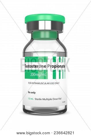 3d Render Of Testosterone Propionate Vial Over White Background. Anabolic Steroids Concept.