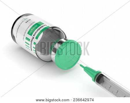 3d Render Of Testosterone Propionate Vial With Syringe Over White Background. Anabolic Steroids Conc