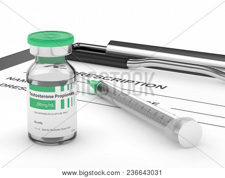 3d Render Of Testosterone Propionate Vial With Syringe And Prescription Over White Background. Anabo