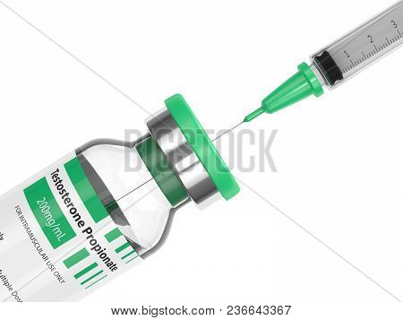 3d Render Of Testosterone Propionate Vial With Syringe Over White Background. Anabolic Steroids Conc