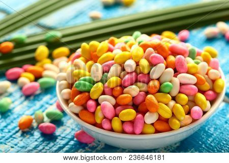 Bowl  Jeera, Cumminseed Candy  ,colorful Sweets Background