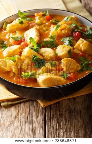 Brazilian Traditional Bobo Chicken With Vegetables In Coconut Milk Close-up. Vertical