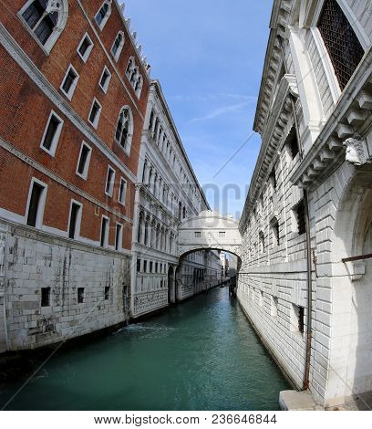Ancient Bridge Of Sighs And Old Ducal Palace Photographed By Fish Eye Lens In Venice Italy