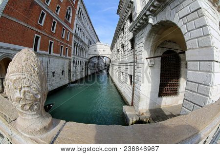 Ancient Bridge Of Sighs By Fish Eye Lens In Venice Italy
