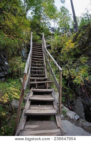 Outdoor Wooden Stair Case In The Woods, Siberia