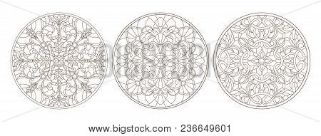 Set Contour Illustrations Of Stained Glass, Round Stained Glass Floral, Dark Outline On A White Back