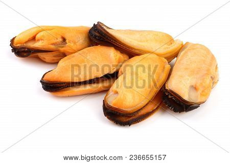 Five Mussel Without Shell Isolated On White Background.