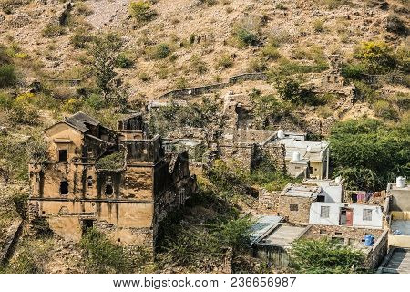 Ruins And A Small Traditional Indian Settlement Near Fort Amer. Amber Fort. India