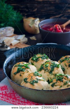 Pampushki With Garlic And Greens, Traditional Ukrainian Buns For Borsch, Selective Focus