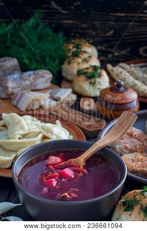 Traditional Food In The Ukrainian Cuisine - Borsch, Vareniki, Bacon, Broth, Nalgovniki, Cutlets In K