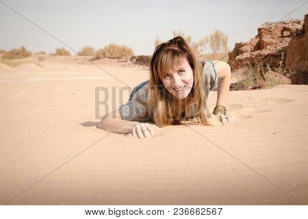 Girl Have Fun In Desert In A Summer Day