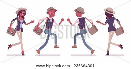 Black Intelligent Smart Casual Man And Attractive Woman Wearing Hat And Glasses Running. Slim Fashio