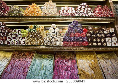 Turkish Delights Iftar, Different Kinds Of Rahat Lukum And Pastila With Nuts.