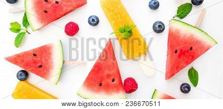 Summer Patterm-  Watermelon Slice  Popsicle  And Berries  On White Background. Flat Lay, Top View.