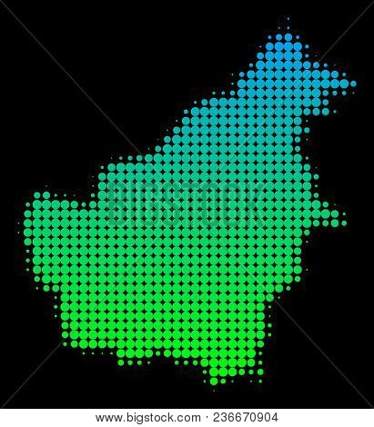 Halftone Round Spot Borneo Island Map. Vector Territory Map In Green-blue Gradient Colors On A Black