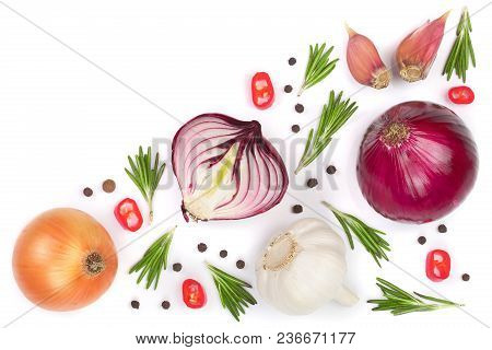 Red Onions, Garlic With Rosemary And Peppercorns Isolated On A White Background With Copy Space For 