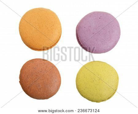 Colored Macarons Isolated On White Background Without A Shadow Closeup. Top View. Flat Lay.