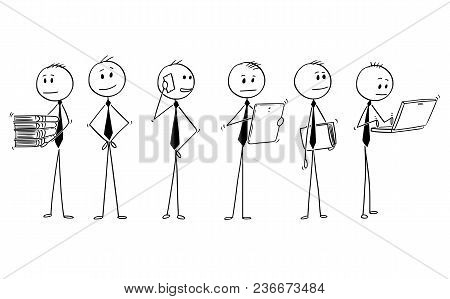 Cartoon Stick Man Drawing Conceptual Illustration Of Team Or Group Of Six Businessman Doing Typical 