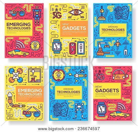 Technology Vector Brochure Cards Thin Line Set. Automation  Template Of Flyear, Magazines, Posters, 
