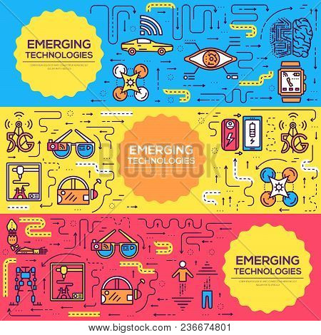 Technology Vector Brochure Cards Thin Line Set. Automation  Template Of Flyear, Magazines, Posters, 