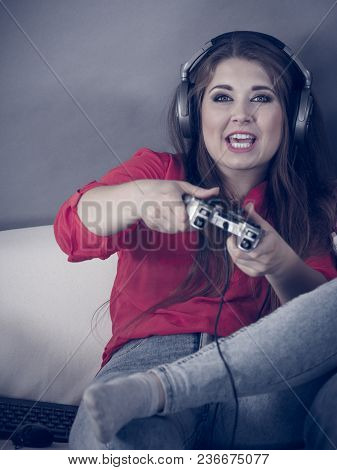 Nerd Geek Young Adult Women Playing On The Video Console Holding Game Pad Being Shocked Gaming Gamer