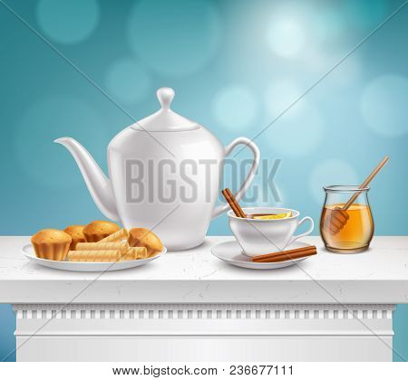 White Porcelain Teapot Full Hot Teacup Glass Honey Jar And Plate Muffins Waffels Realistic Compositi