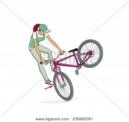 Bikes Jumping Ramps. A Girl On A Bicycle Trains A Rack, Turns And Jumps On A Bicycle Ramp. Bicycle J