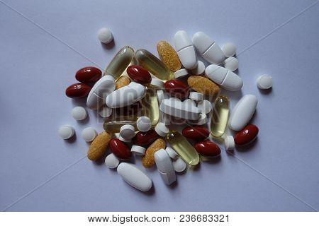 View Of Heap Of 5 Types Of Pills From Above