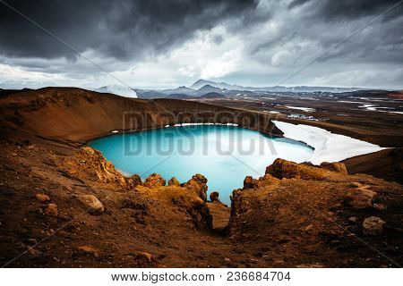 Exotic view of the geothermal valley Leirhnjukur. Location Myvatn lake, Krafla, Iceland, Europe. Amazing image of tourist attraction, most popularly photographed areas. Discover the beauty of earth.