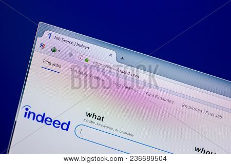 Ryazan, Russia - April 16, 2018 - Homepage Of Indeed Website On The Display Of Pc, Url - Indeed.com