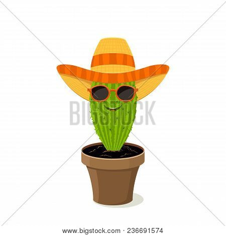 Cactus In Flower Pot With Mexican Sombrero Hat And Sunglasses Isolated On White Background, Illustra