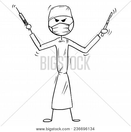 Cartoon Stick Man Drawing Conceptual Illustration Of Crazy, Mad Or Insane Doctor Surgeon Holding Sca