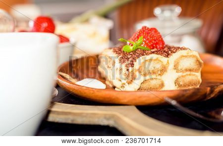 Tiramisu - Classical Dessert With Strawberry And Mint