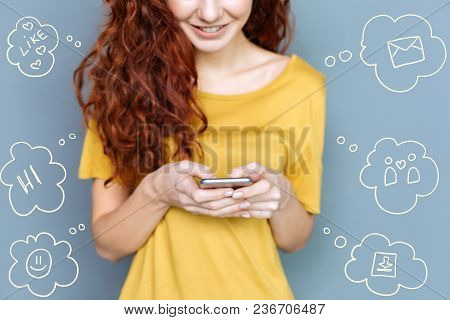 Chatting With Friends. Emotional Active Student Feeling Happy While Sending Messages To Her Close Fr